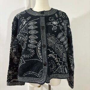 Casual Studio Embroidered Jacket Womens Sz L Black White 100% Cotton Boho Spring